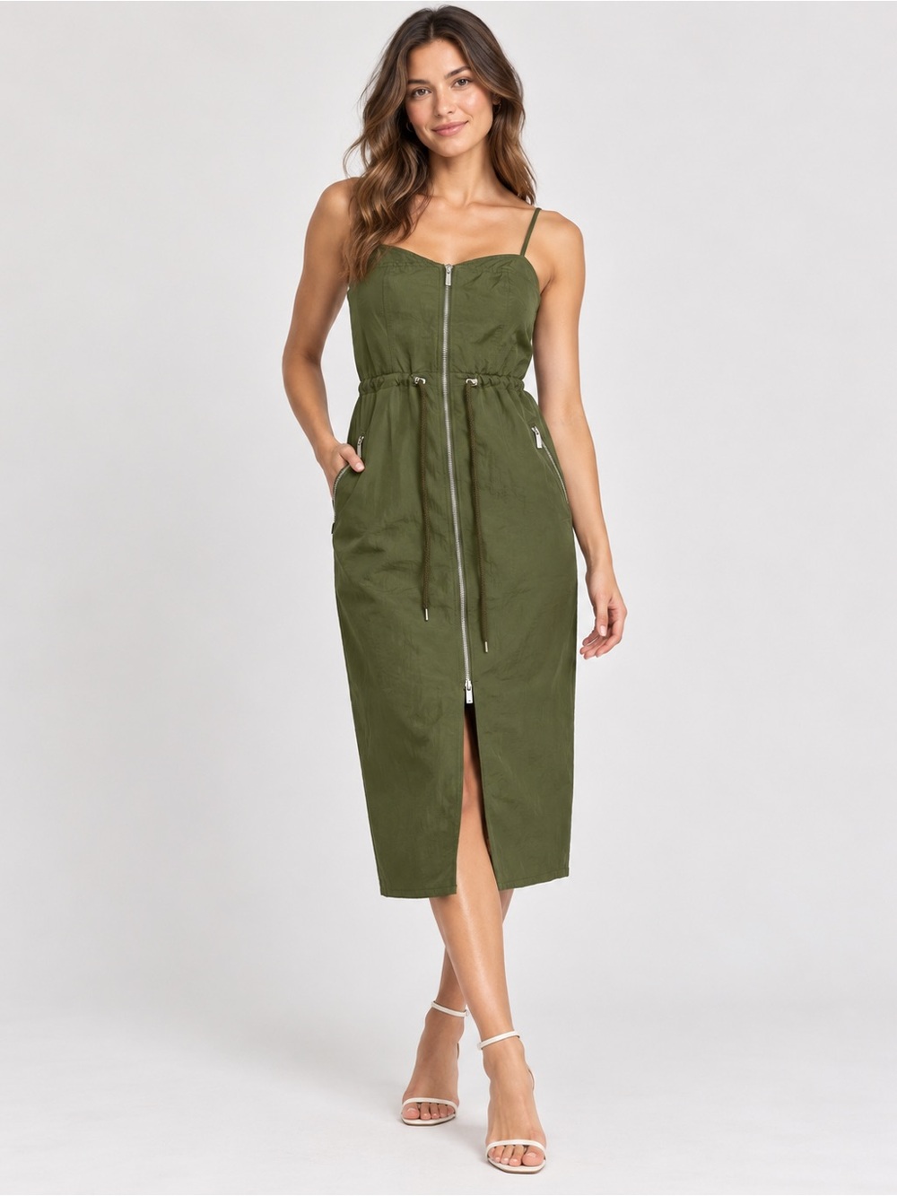 Future Collective Zip-Front Olive Midi Dress with Drawstring Waist